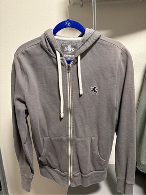 Express Men's Gray Full-Zip Hoodie with Lion Emblem
